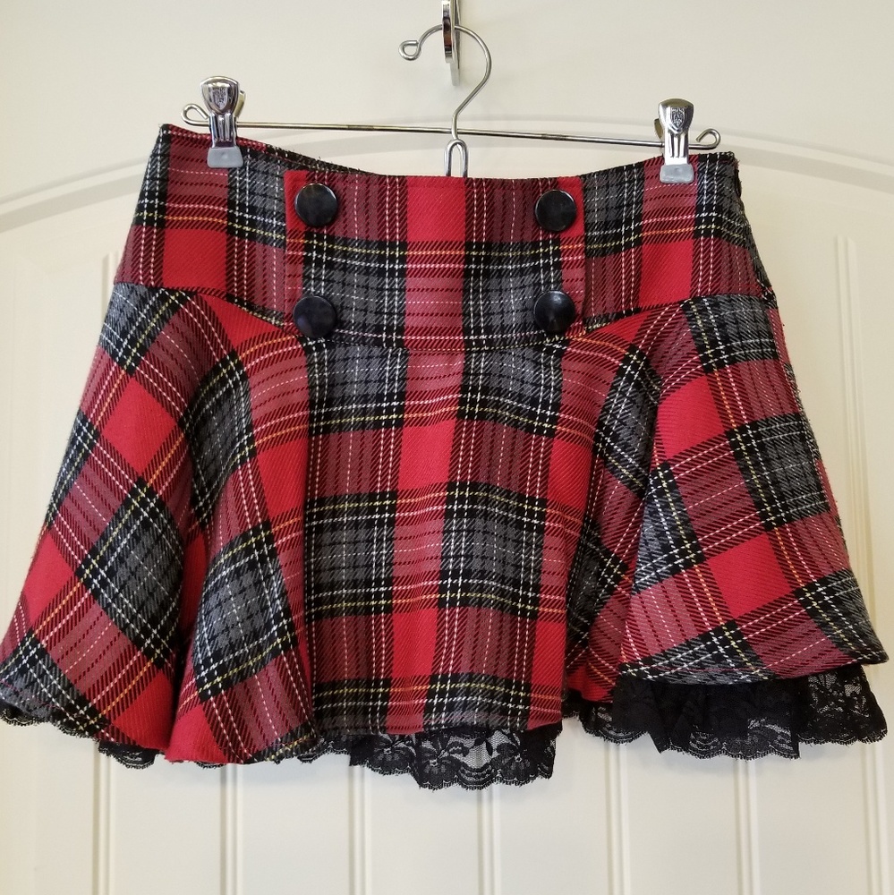 Red Plaid Sailor School Girl Skirt Lace Slip